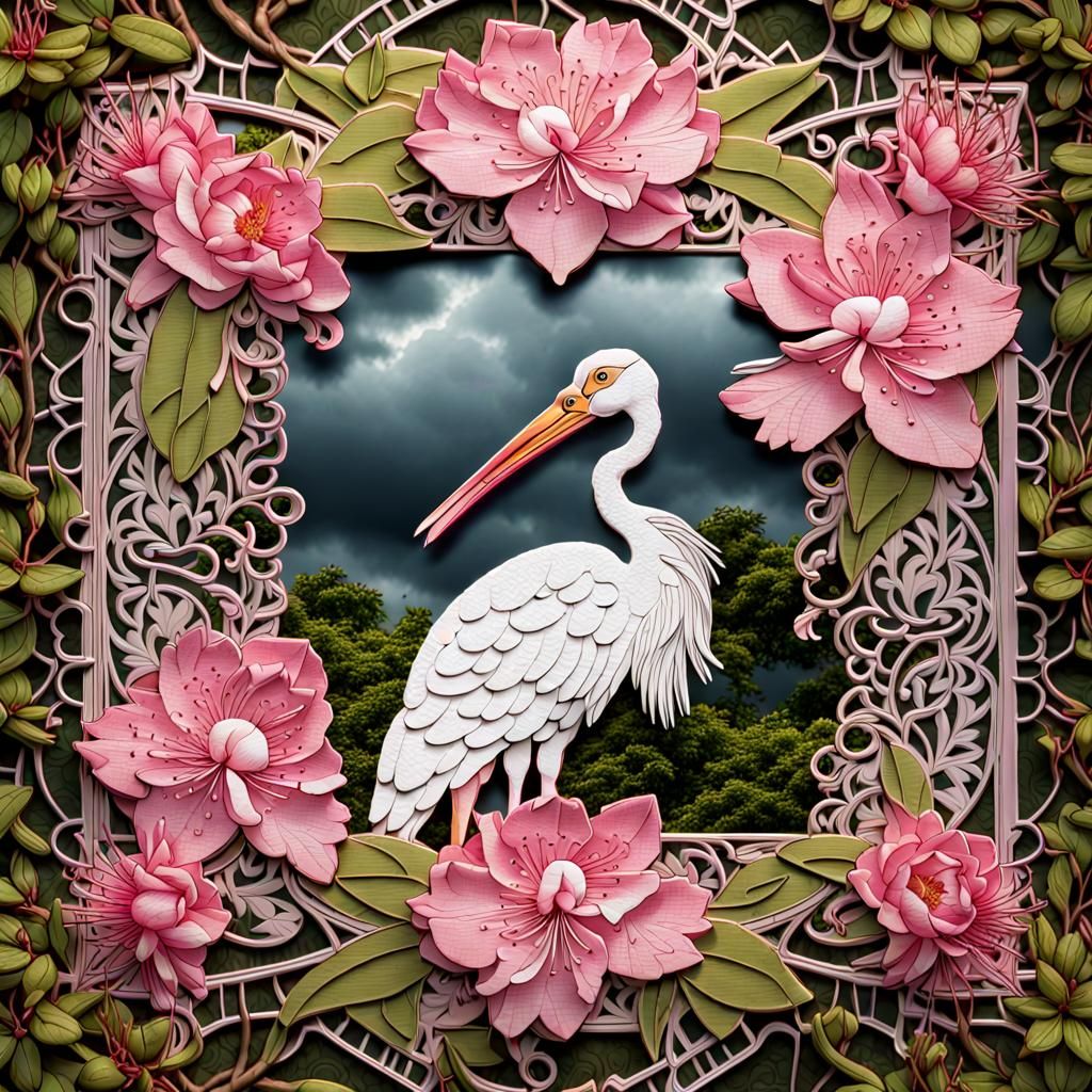 Storks and Rhododendron in Lace Paper Art