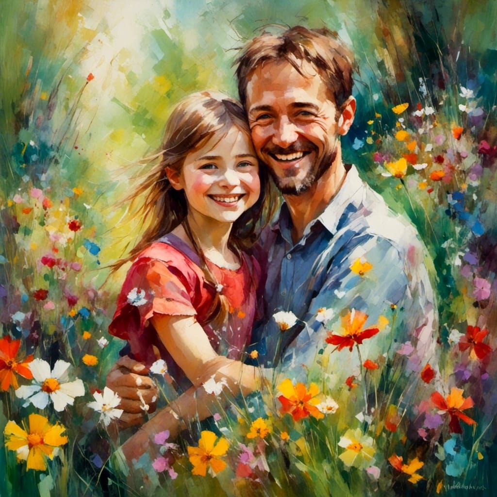Father and Daughter Share a Moment in Spring Meadow