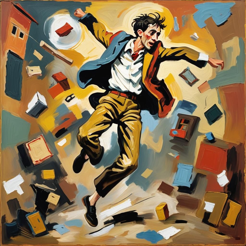 Expressionist Man Jumping with Toys in Eastern-European Styl...