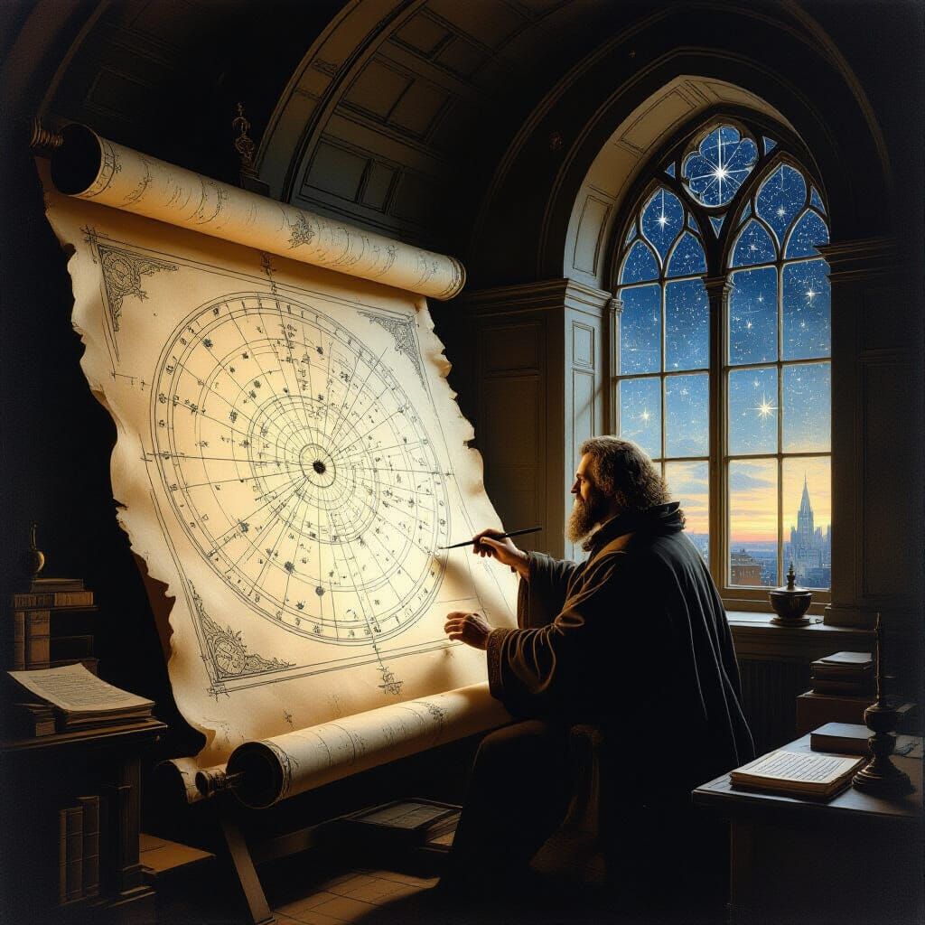 Celestial Cartographer Charting Stars in Dim Observatory