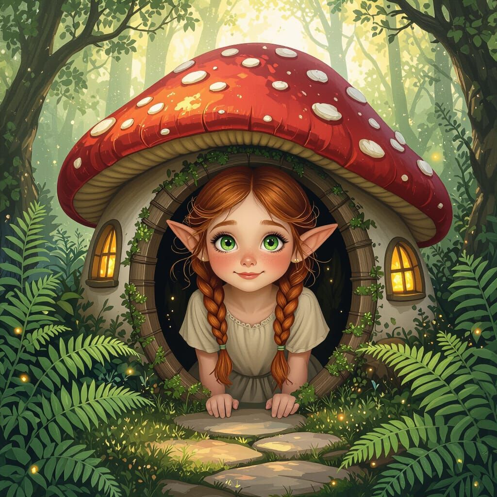 Whimsical Elf Girl Peeking From Mushroom House