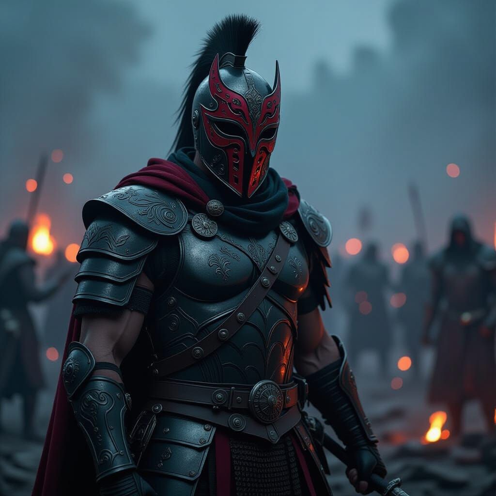 Victorious Warrior in Smoky Battlefield, Gritty Art Style