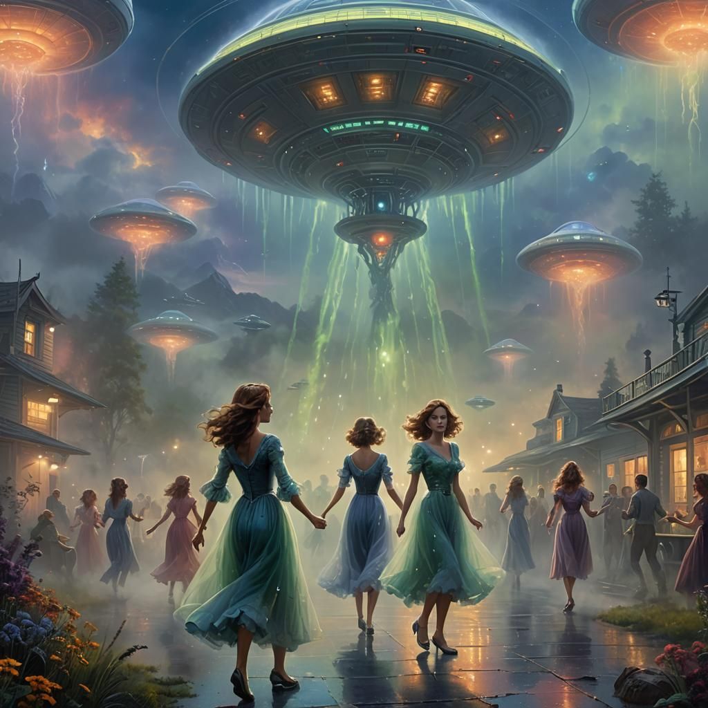 UFO Landing with Dancing Humanoids in Fog