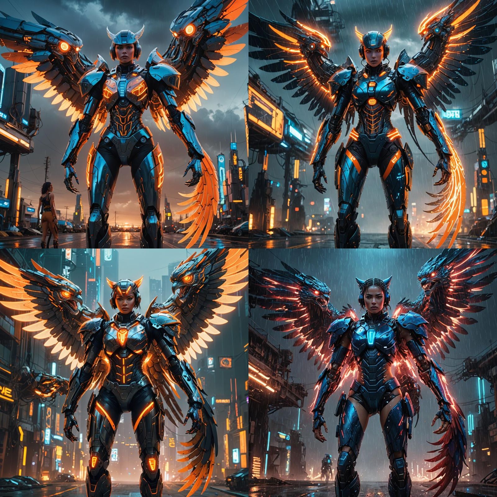 Cyberpunk Girl Confronts Biomechanical Tiger-Eagles