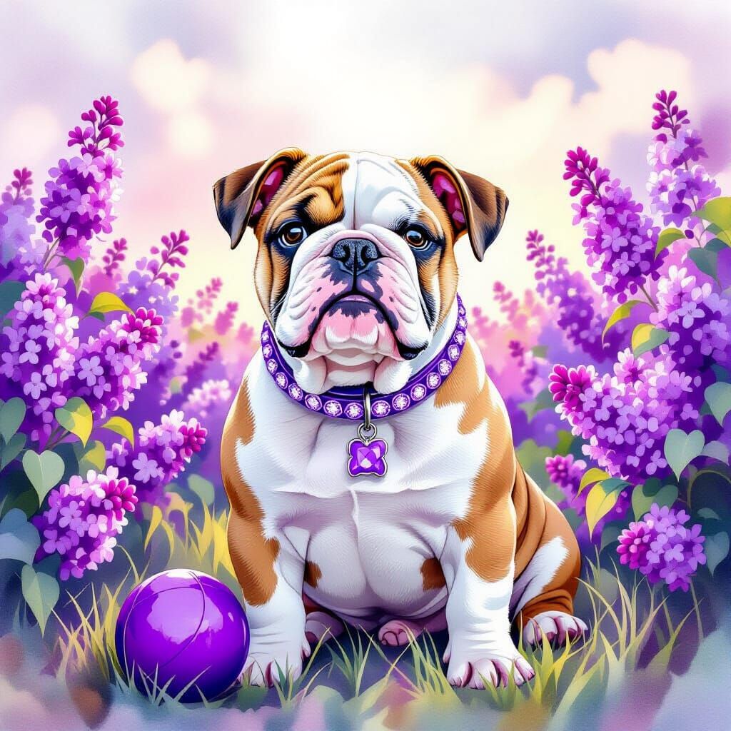 Cute Bulldog in Lilac Field, Watercolor Style