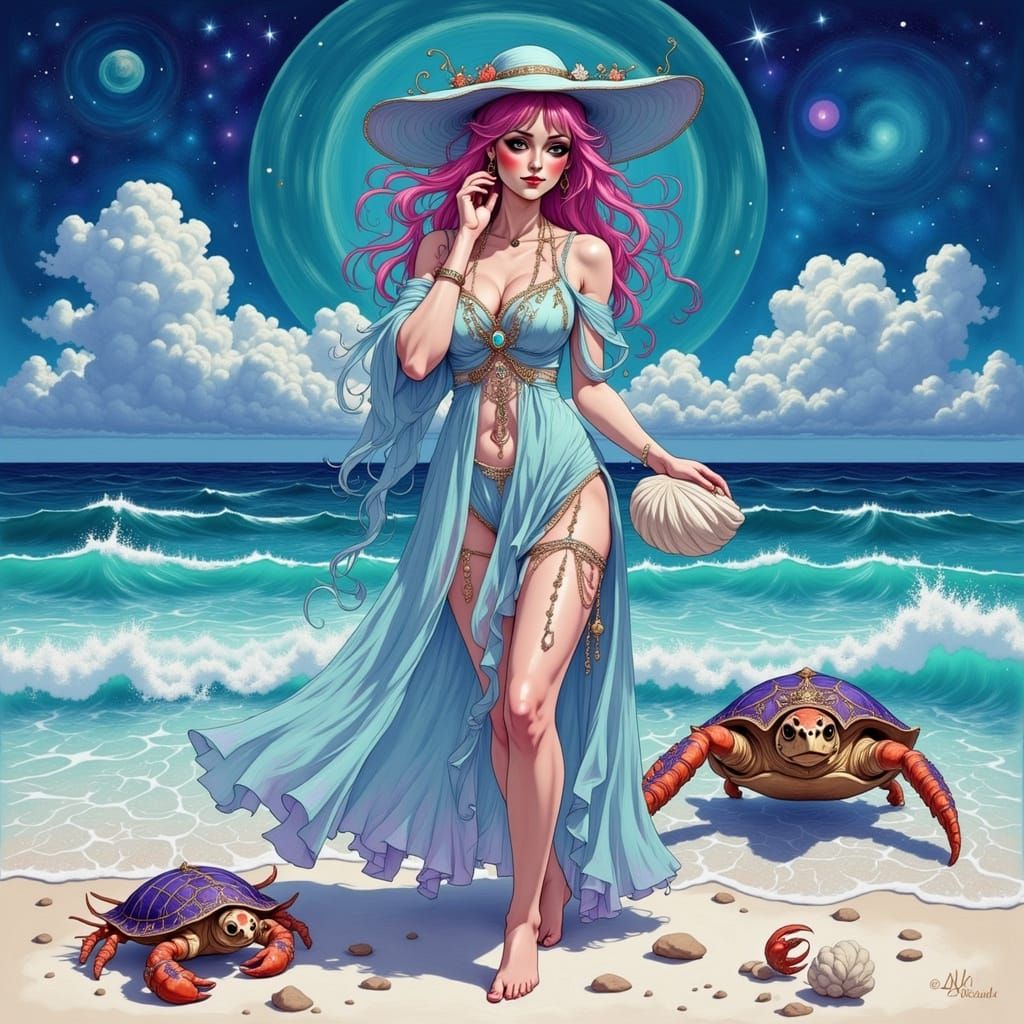 Sea Witch on Beach in Whimsical Realism Style