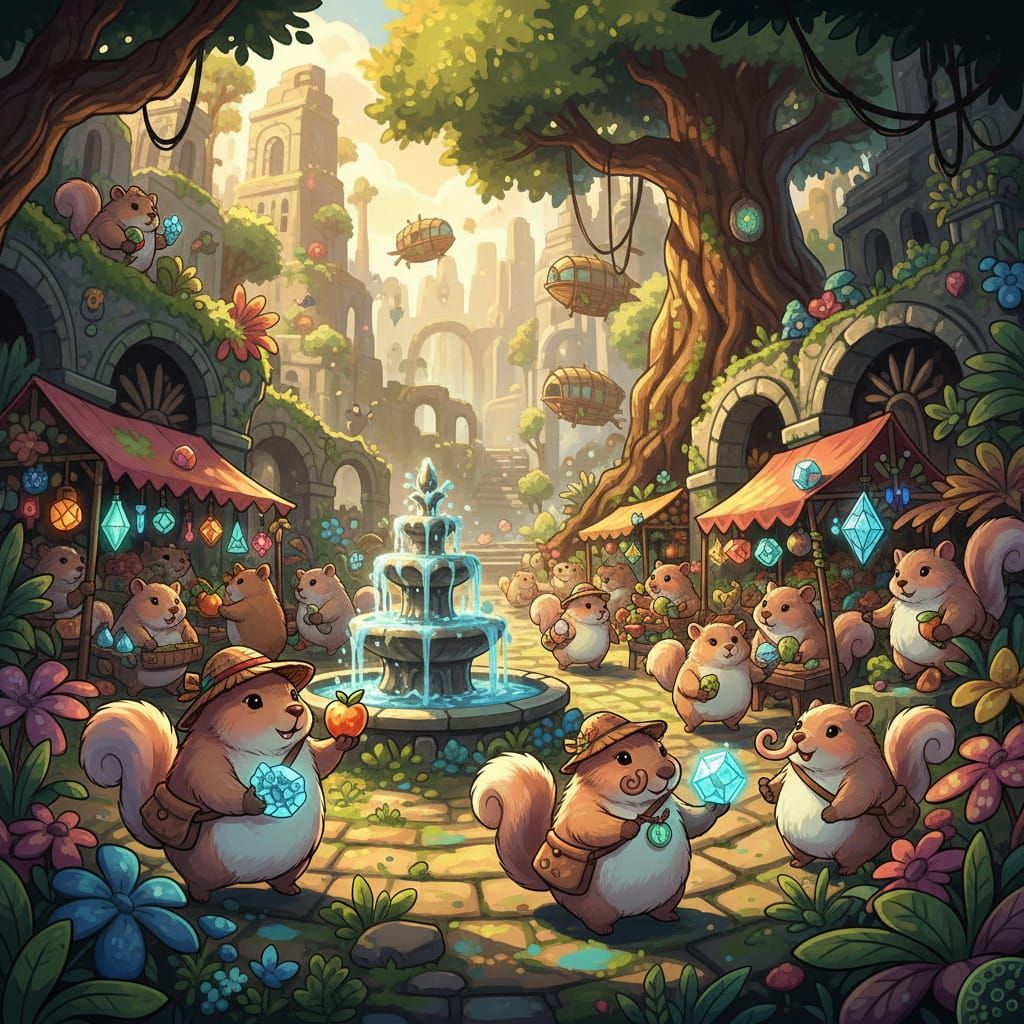 Jungle City Marketplace with Fluffy Creatures and Glowing Ar...