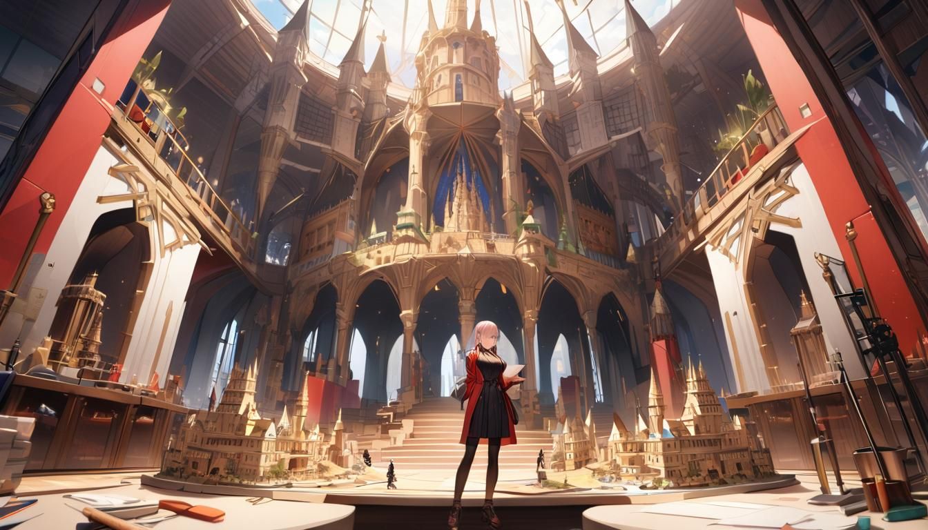 European Architect Girl Views Castle Mock-Up