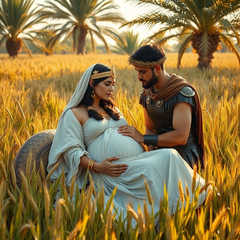 Egyptian Queen in Lush Grain Field, Tender Moment with Roman...