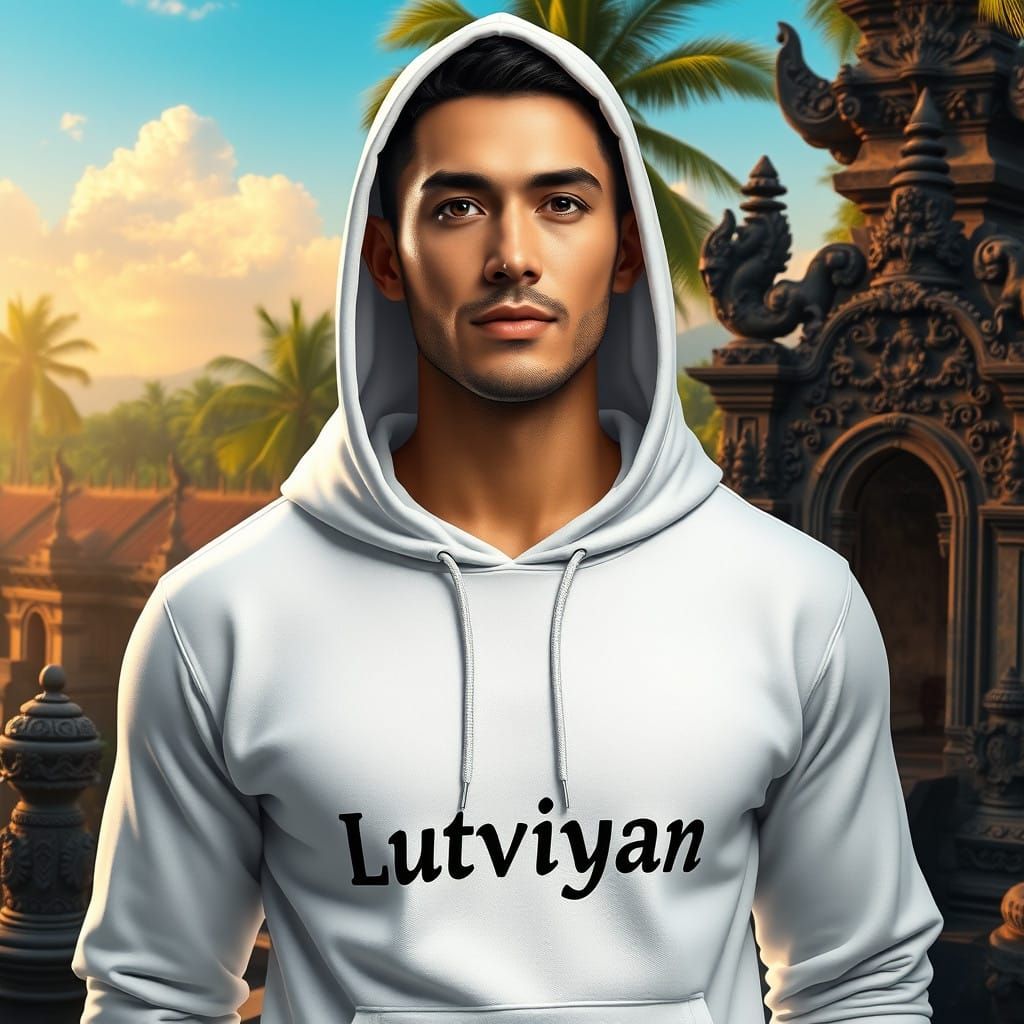 Realistic Man in Bali, Indonesia, Wearing White Hoodie with...