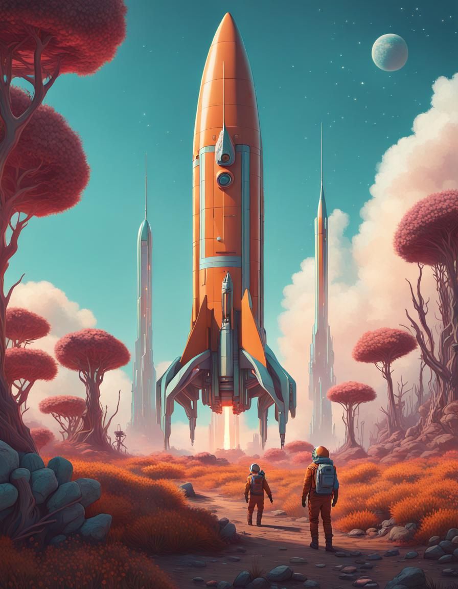 Retro-Futuristic Rocket Launch on Alien Planet