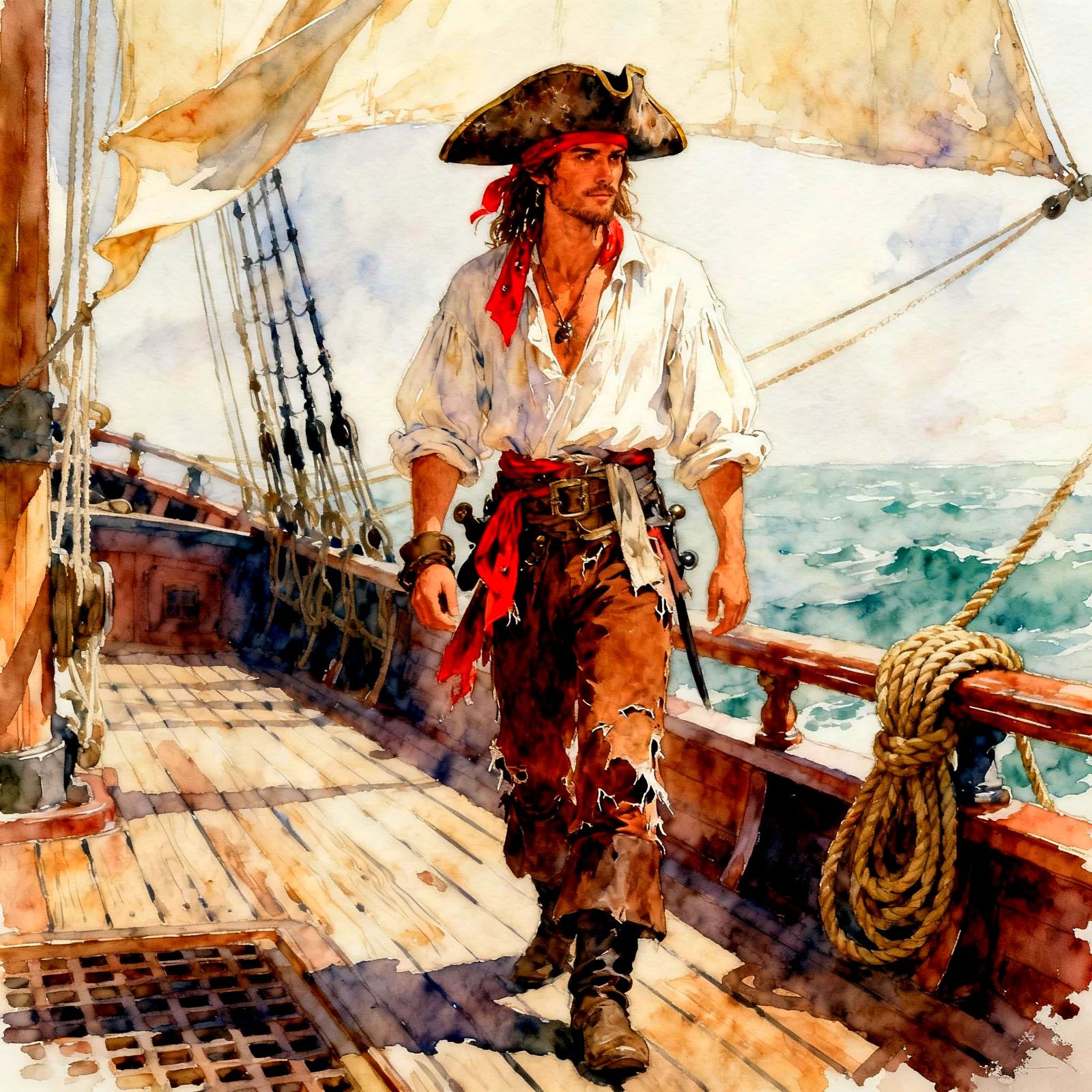 Pirate on Ship Deck Watercolor Illustration