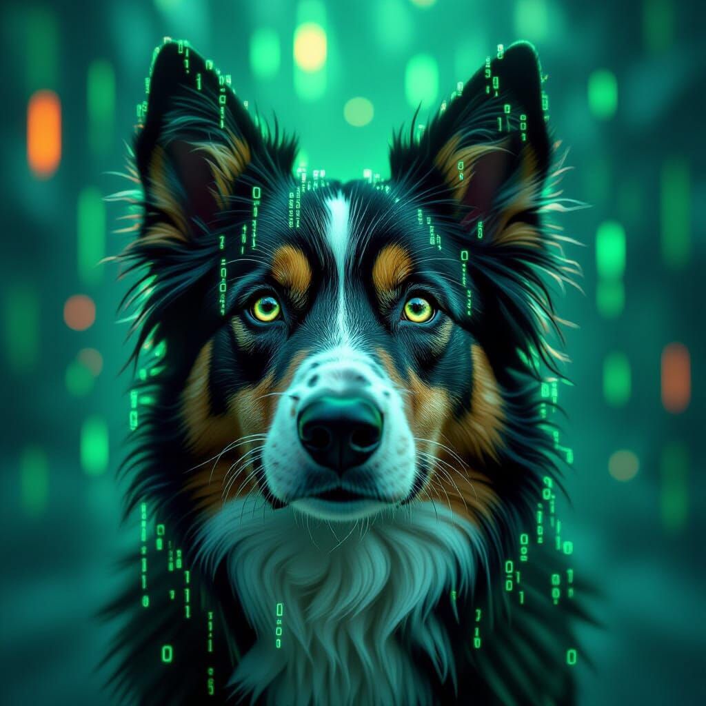 Cyberpunk Dog Portrait of Ones and Zeros