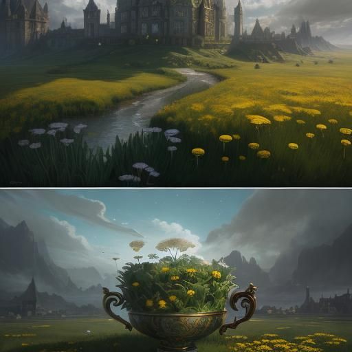 Dandelions Bloom in British Teacup: Detailed Digital Art