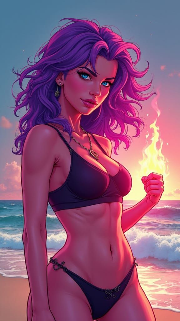 Surreal Cyberpunk Goddess Unleashes Fury on Tropical Coast