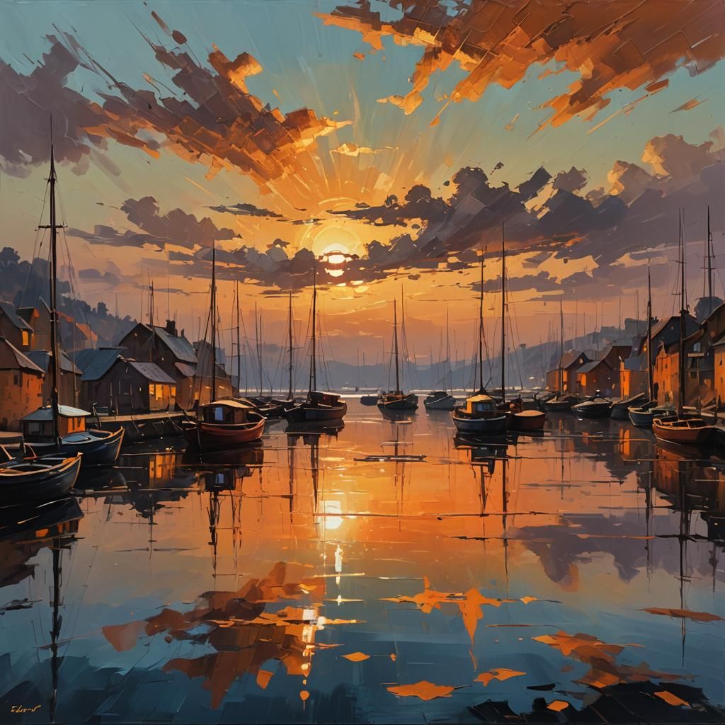 Abstract Sunset Harbor in Oil Painting Style