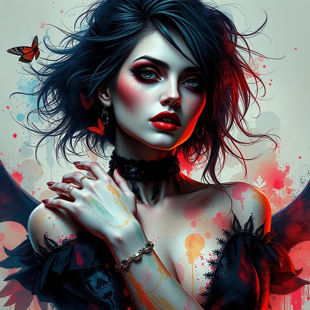 Gothic Vampire Woman in Watercolor Style