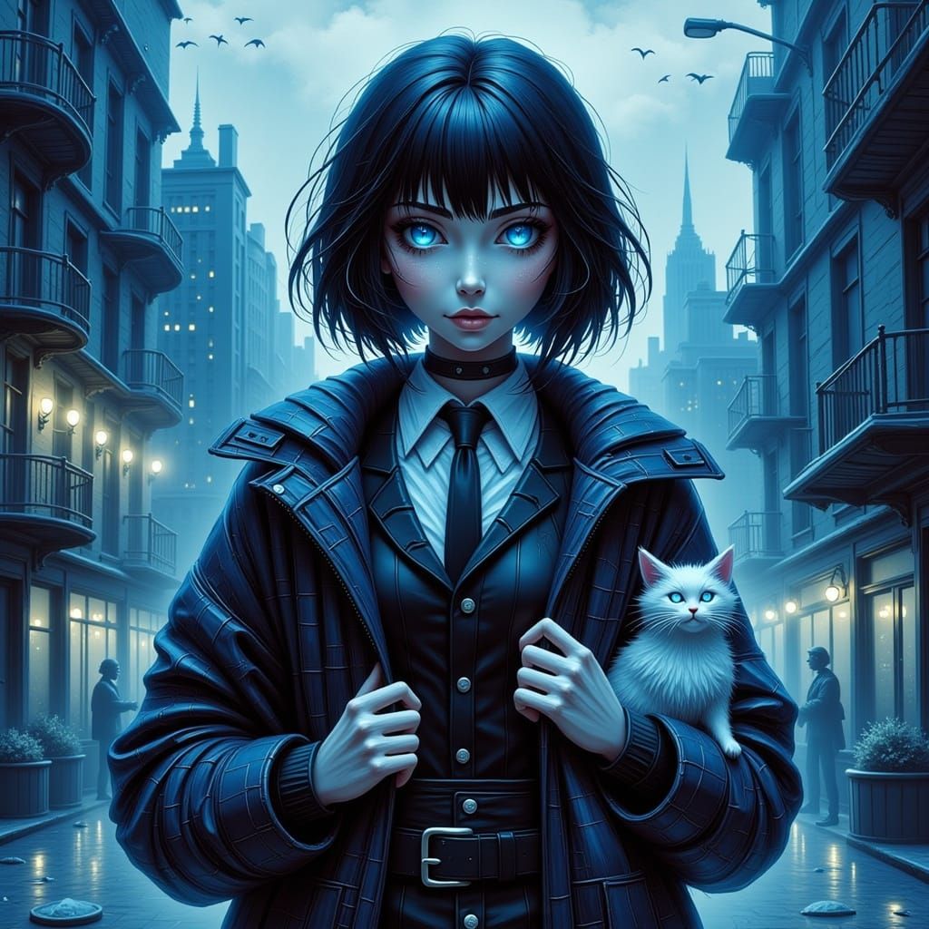 Manga Girl in Foggy Cyberpunk Cityscape