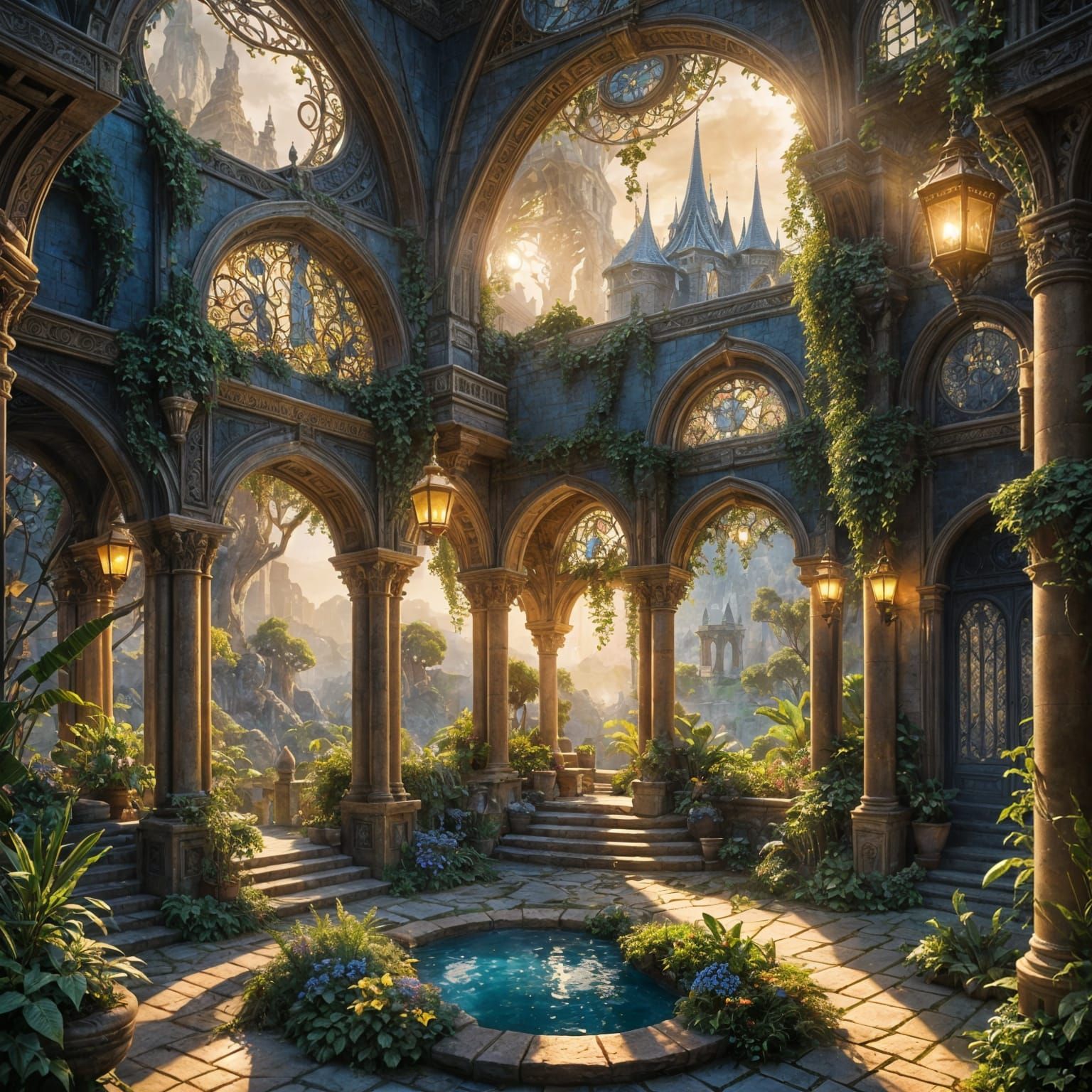 Epic Elven Garden: Golden Interior in High Fantasy Style