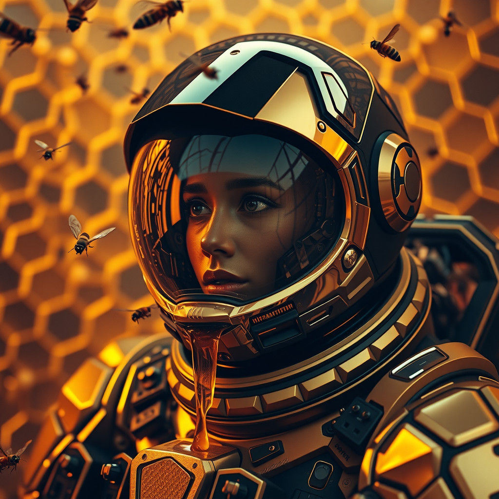Astronaut in Gold Exosuit with Honeycomb Structures