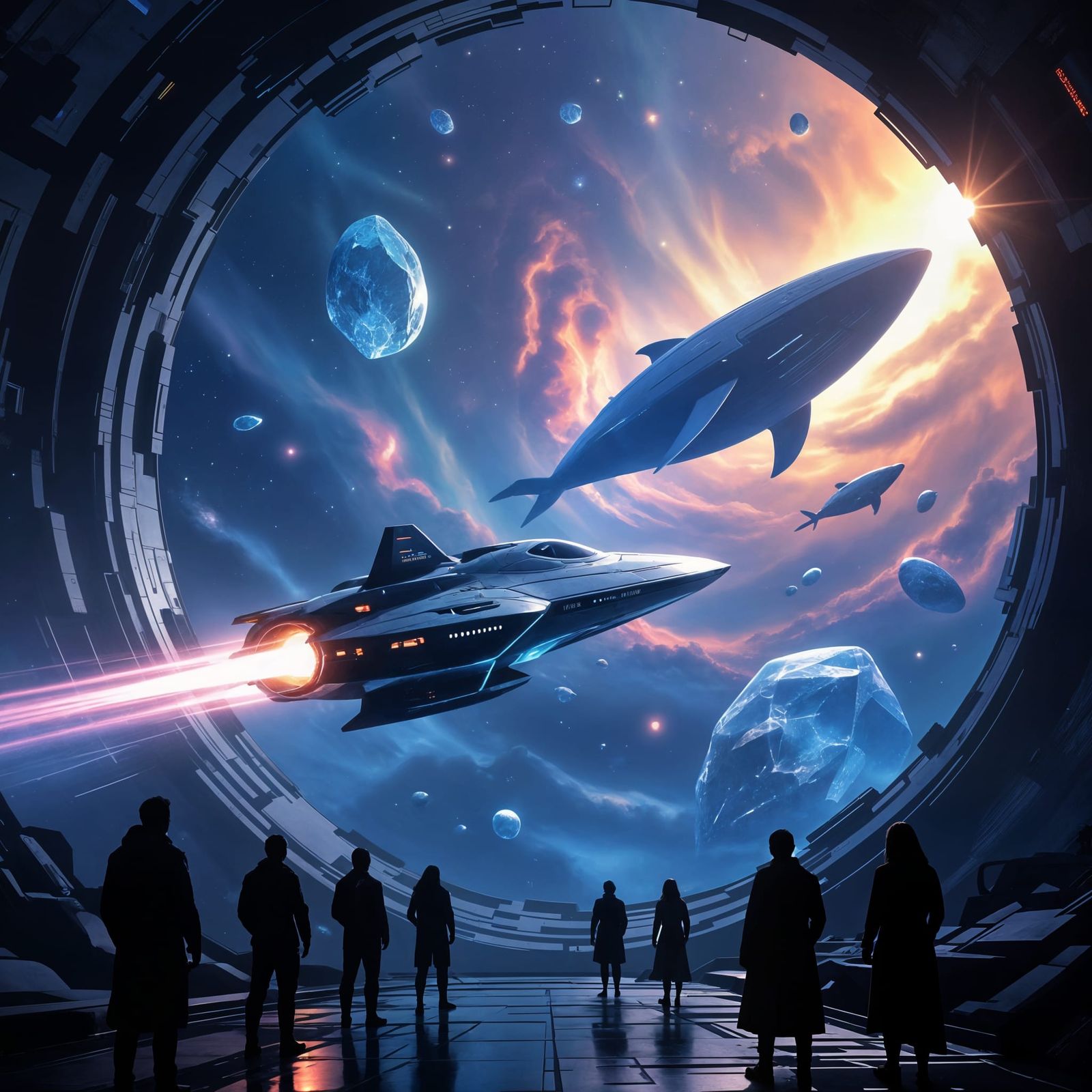 Futuristic Starship Explores Nebula with Space Whales