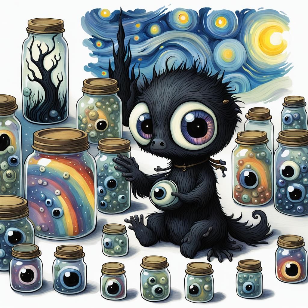 Gothic Creature Holding Jars of Dreams