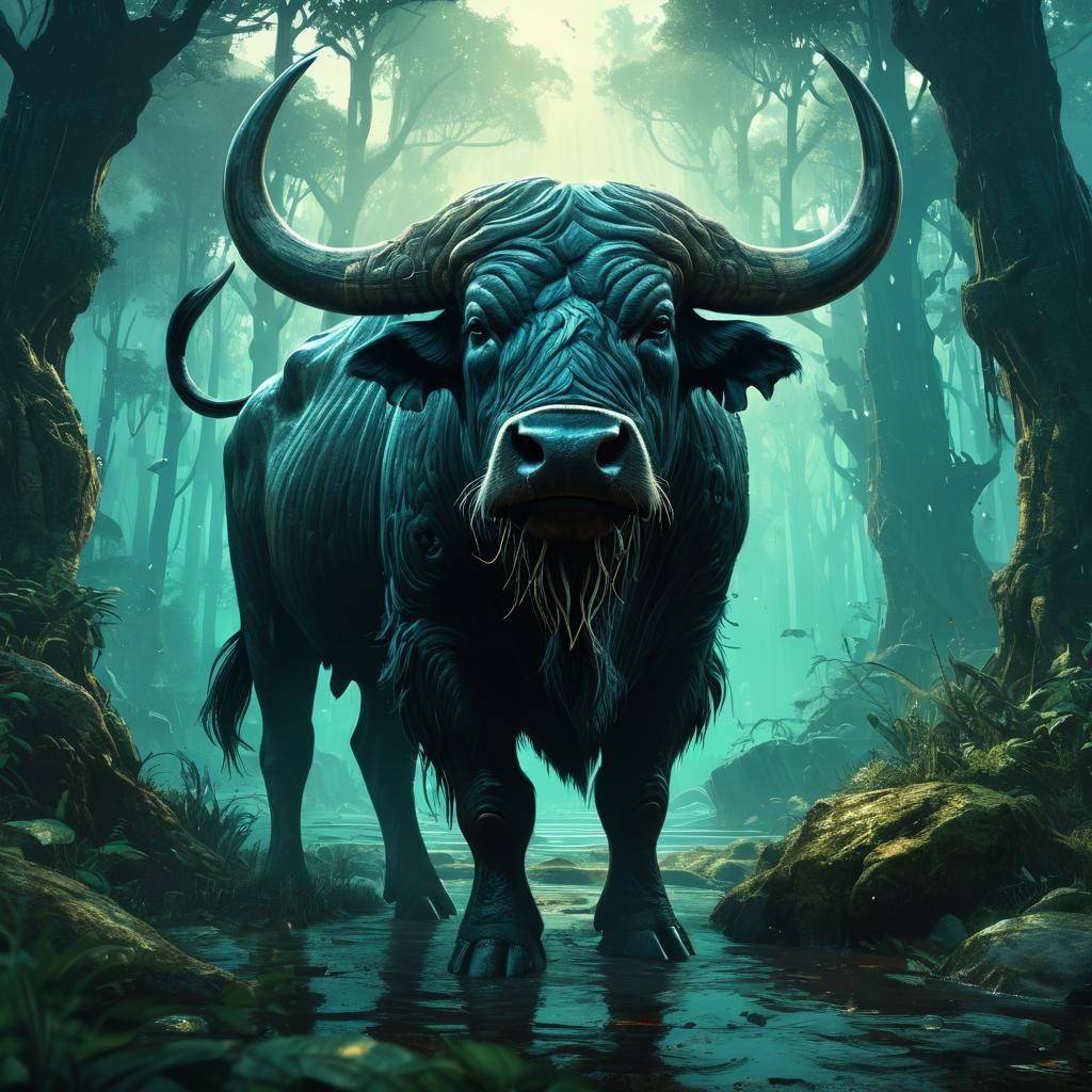 Majestic Water Buffalo in Mystical Forest: Dark Fantasy Art