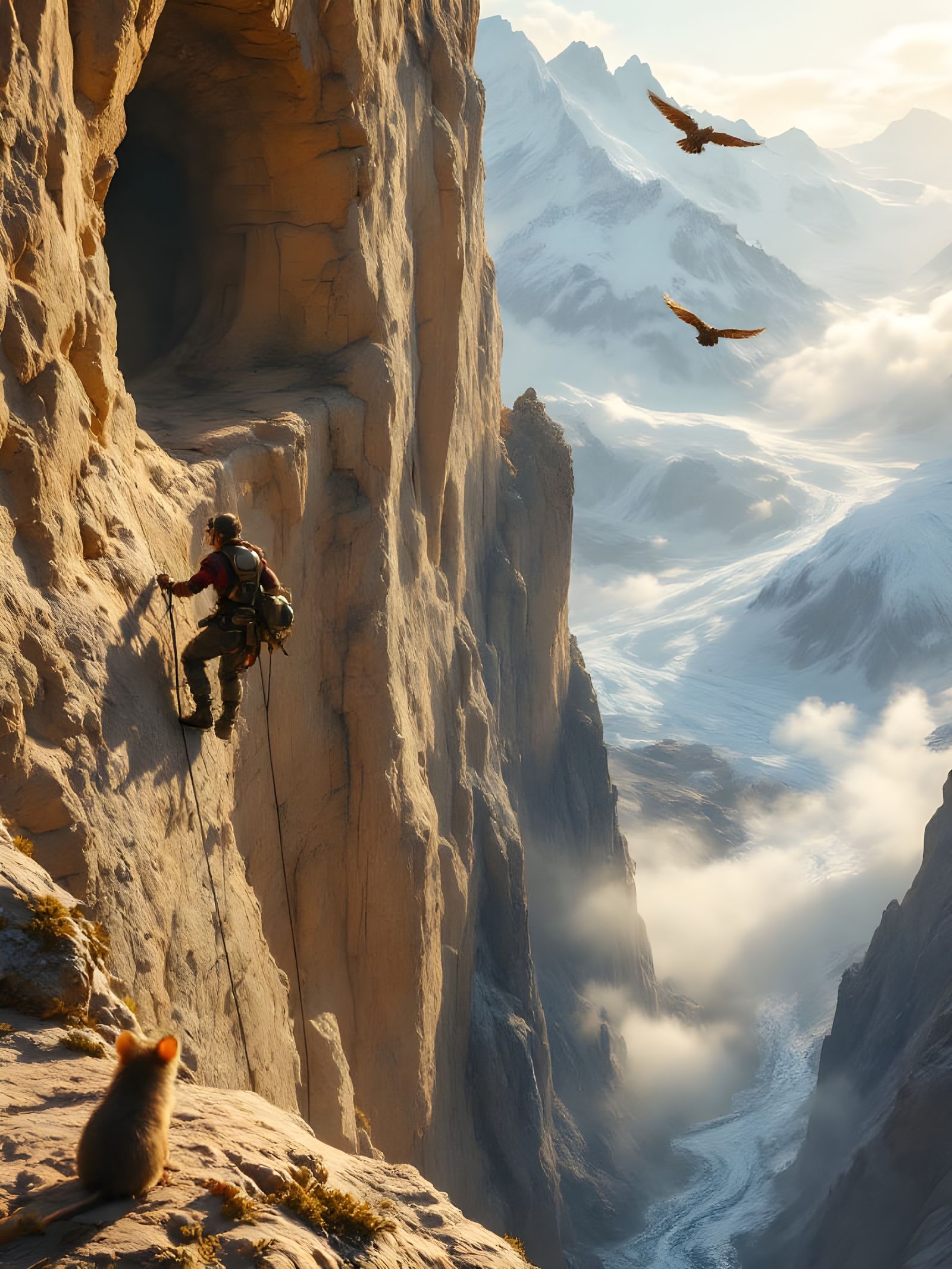 Steampunk Explorers Climb to Treasure Cave Entrance