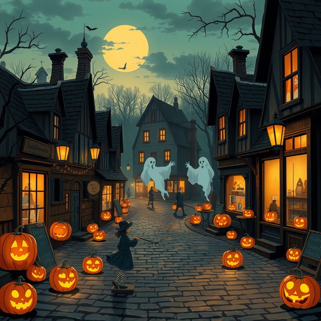 A Halloween village square at twilight, with glowing ๐ lining the cobblestone paths and spectral flying ๐ป