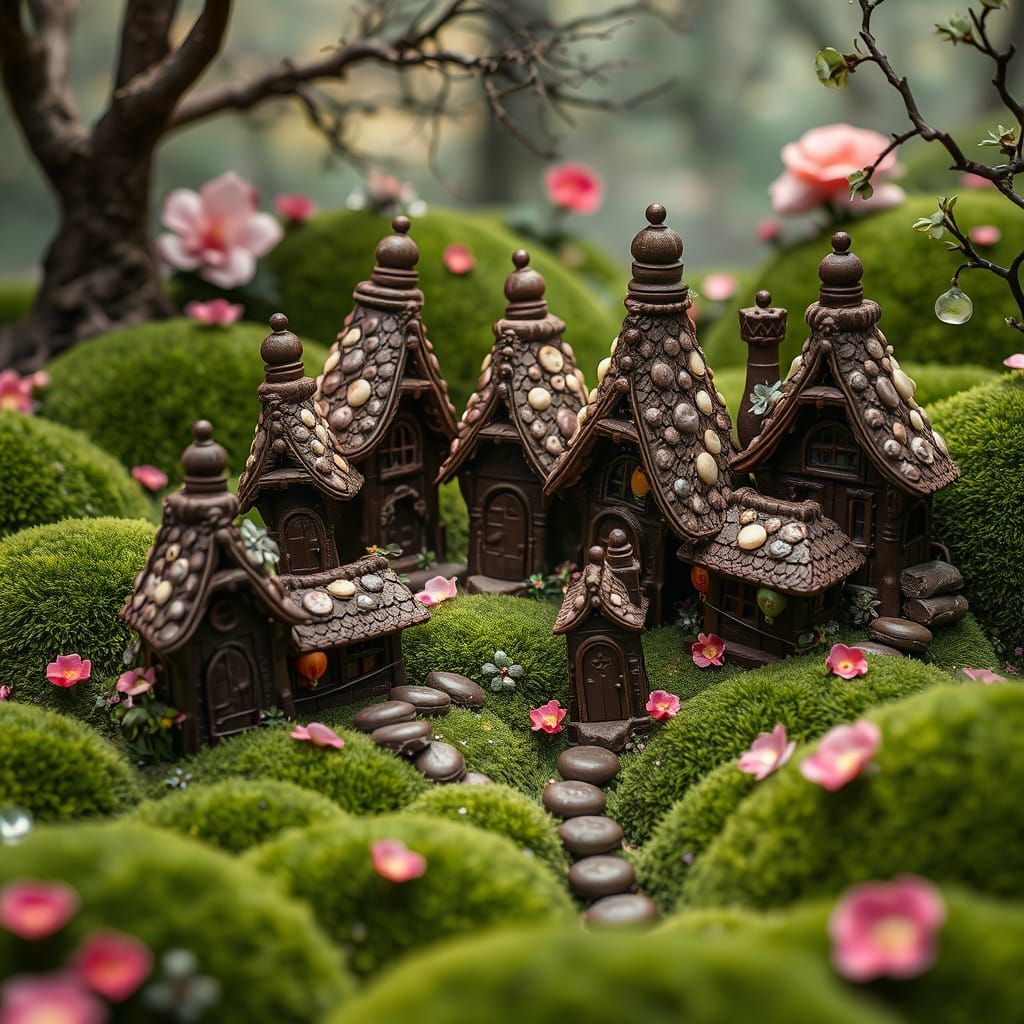 Whimsical Chocolate Houses in an Enchanted Garden