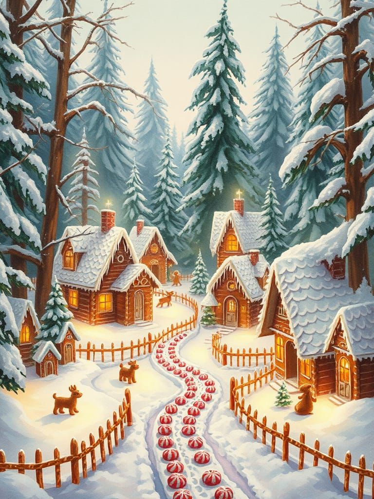 Enchanting Gingerbread Village in Watercolor Style