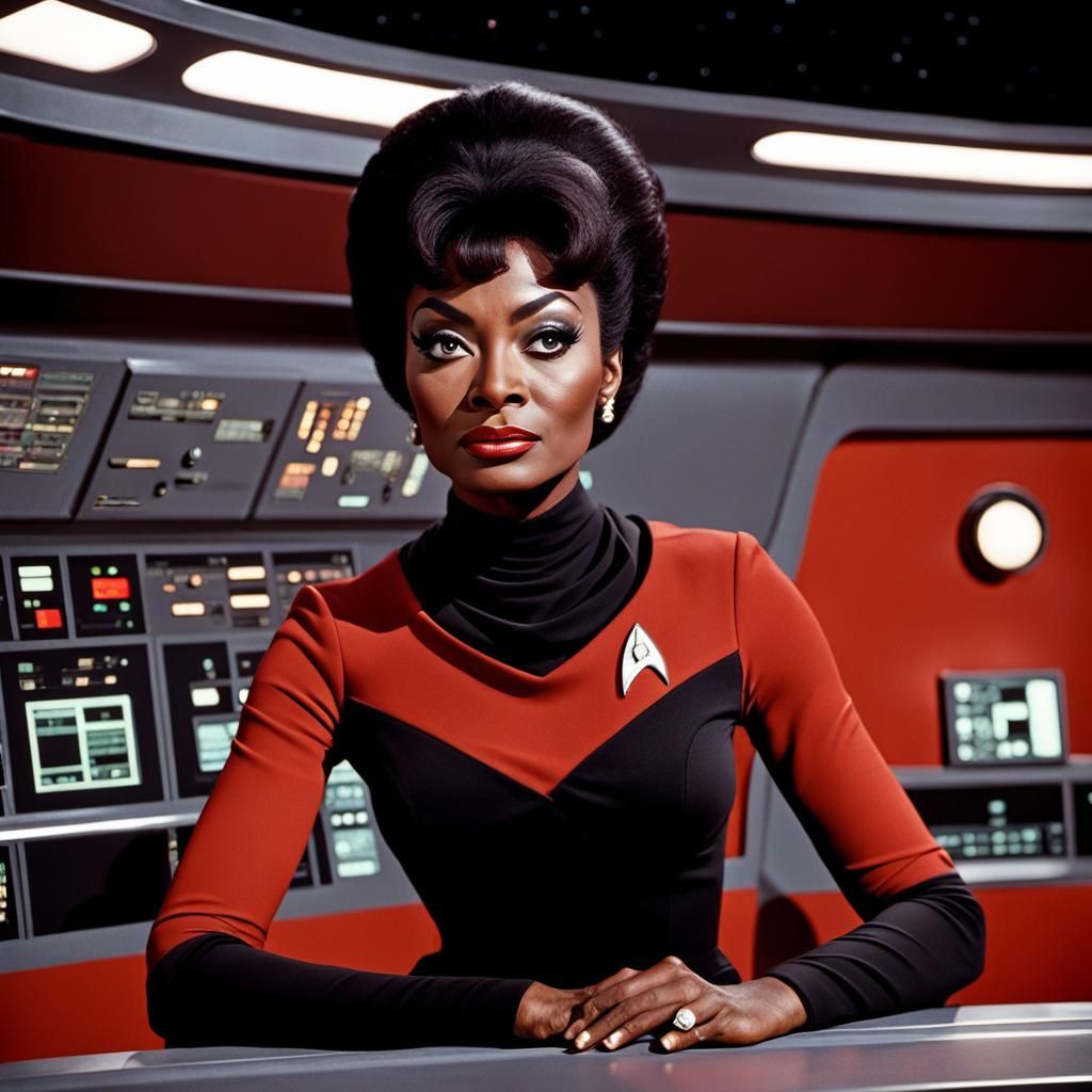 Young Nichelle Nichols in 1968 as Nyota Uhura on the bridge of the Enterprise|Original red female uniform with black co...