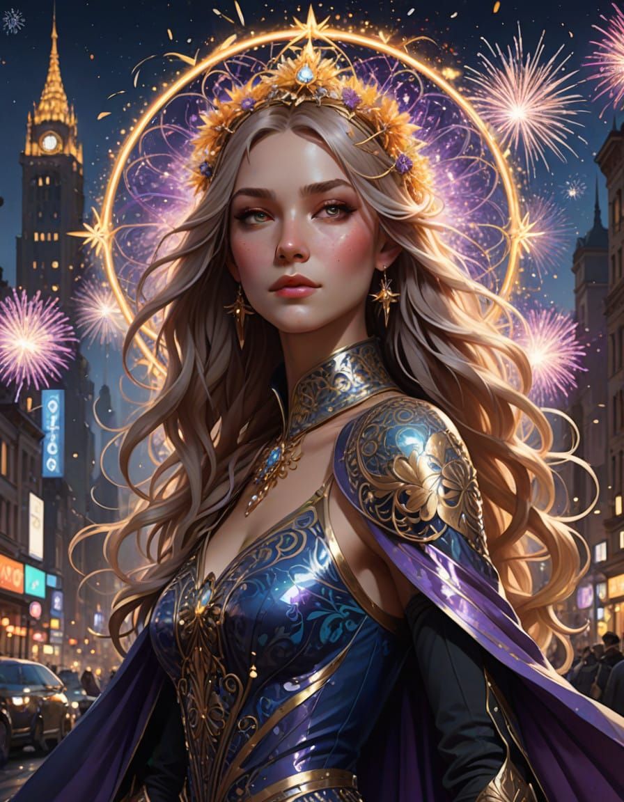 Vibrant New Year's Cityscape with Elegant Woman