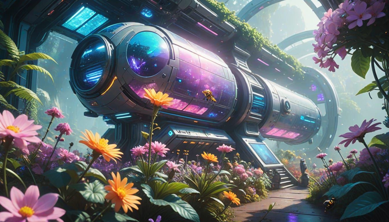 Lush Space Station Gardens in Impressionist Sci-Fi Style