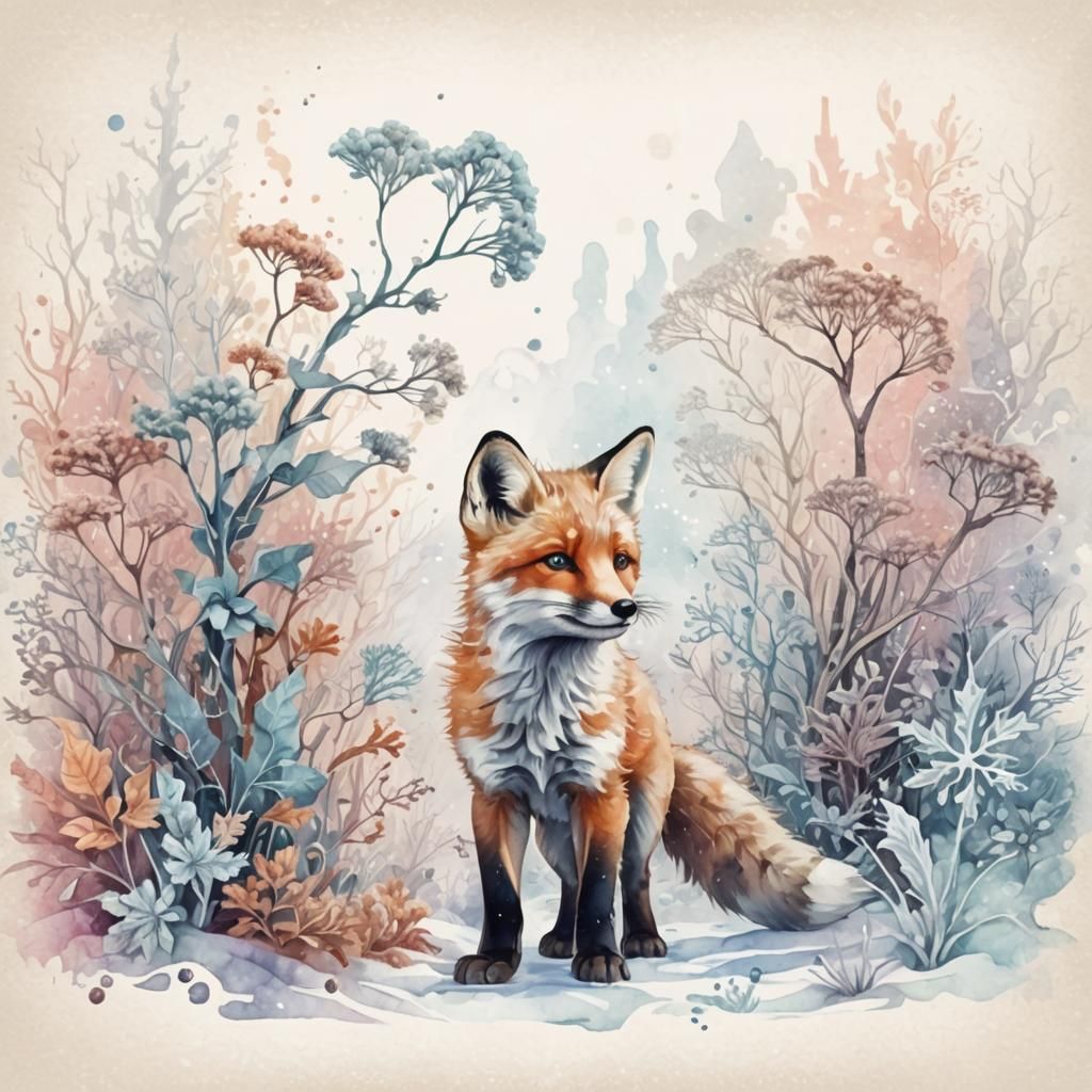 Fox Cub in Winter Wonderland: Watercolor Abstract