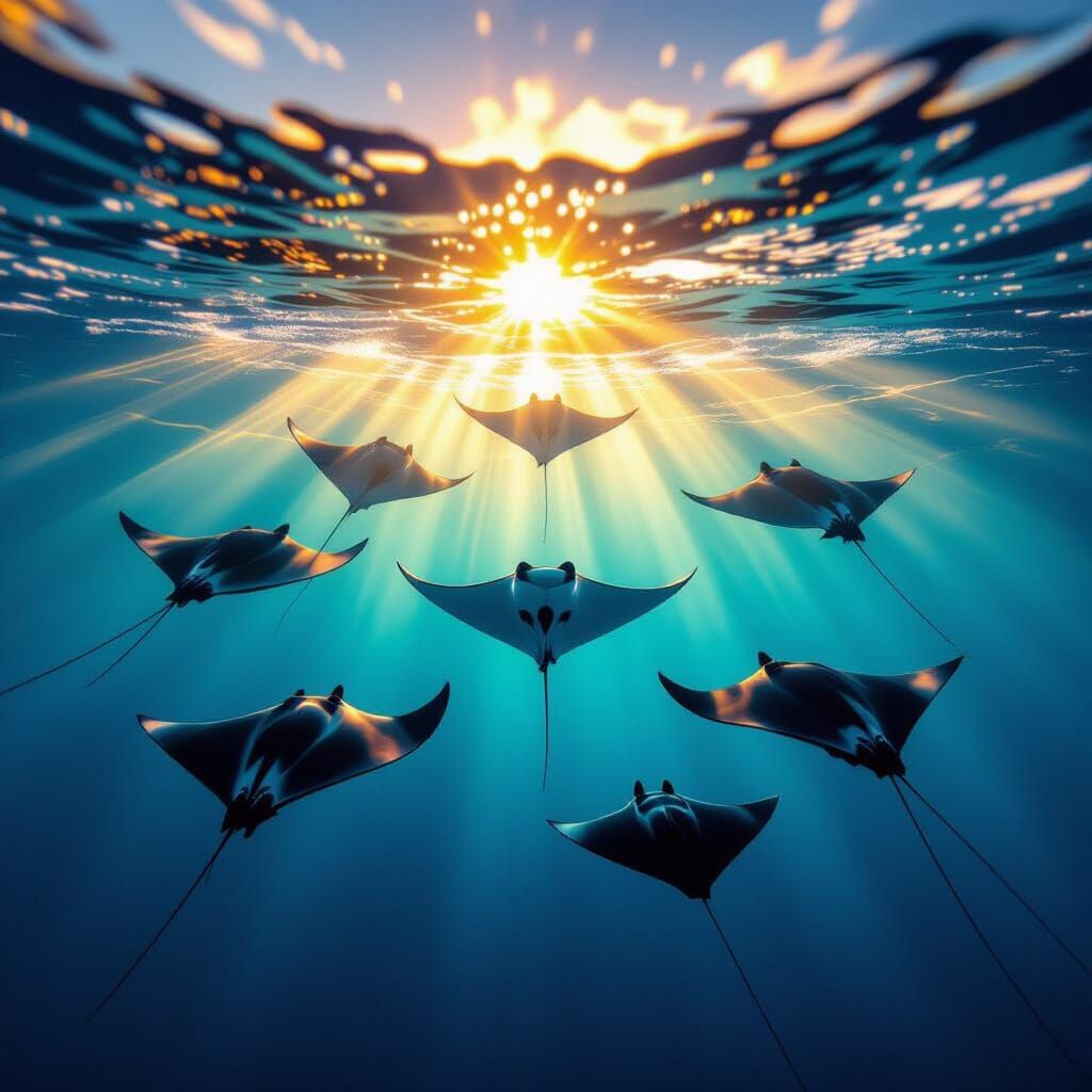 Manta Rays Silhouetted Against Setting Sun