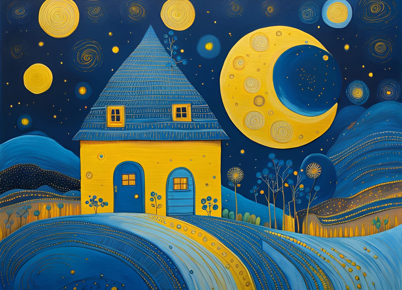 Blue Lunar Landscape with Cozy House, Art Brut