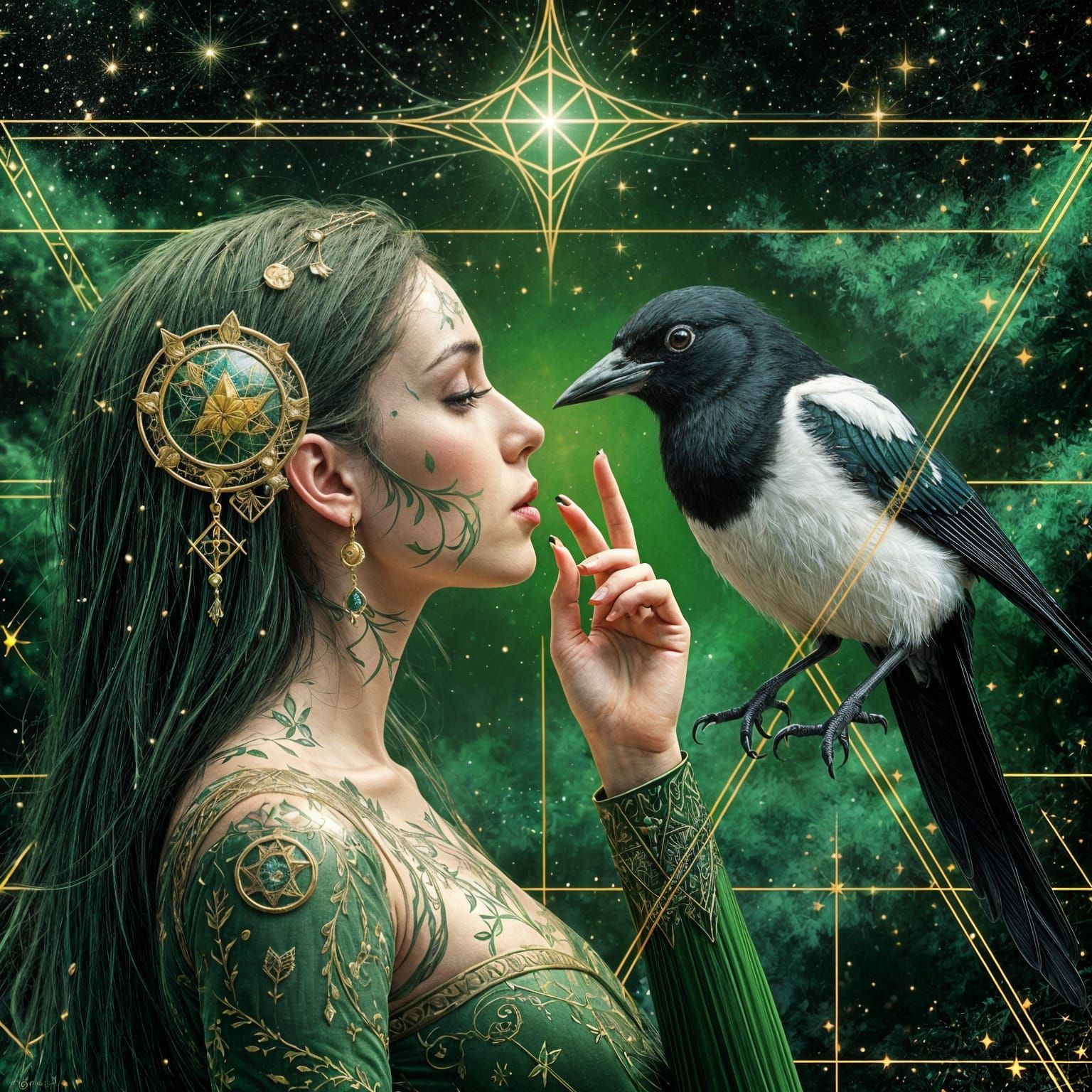 Enchanting Elf and Magpie in a Mystic Painting