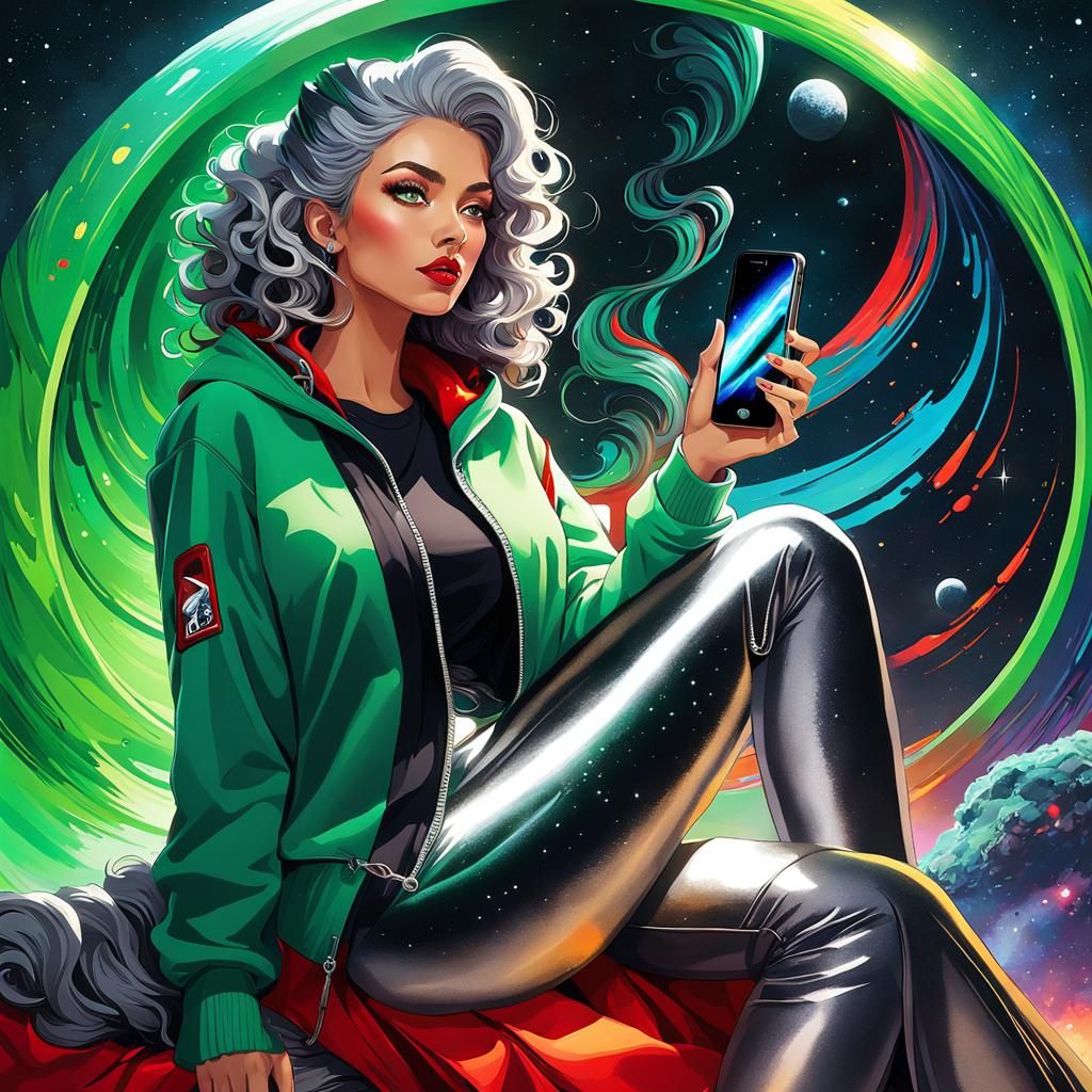 Woman in Space with iPhone, Astral Cosmic Art