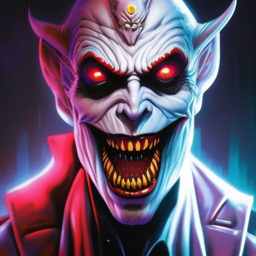 Elaborate full length portrait of a very creepy clown