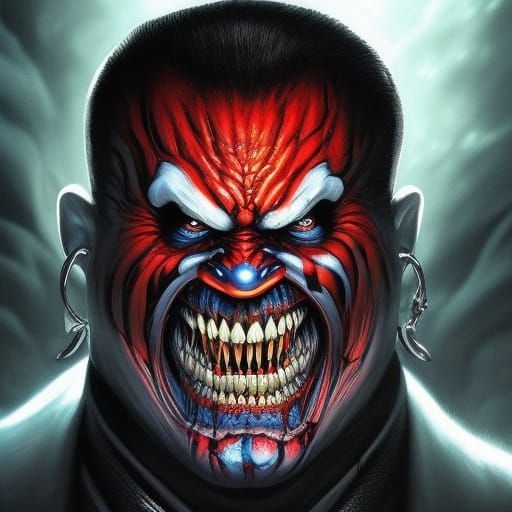 Elaborate full length portrait of a very creepy clown