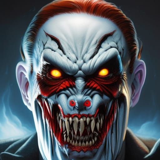 Elaborate full length portrait of a very creepy clown