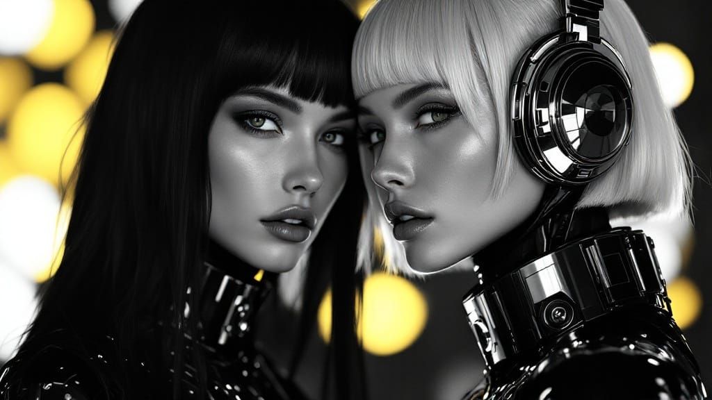 Monochrome Sci-Fi Fashion Portraits of Human and Android Sis...