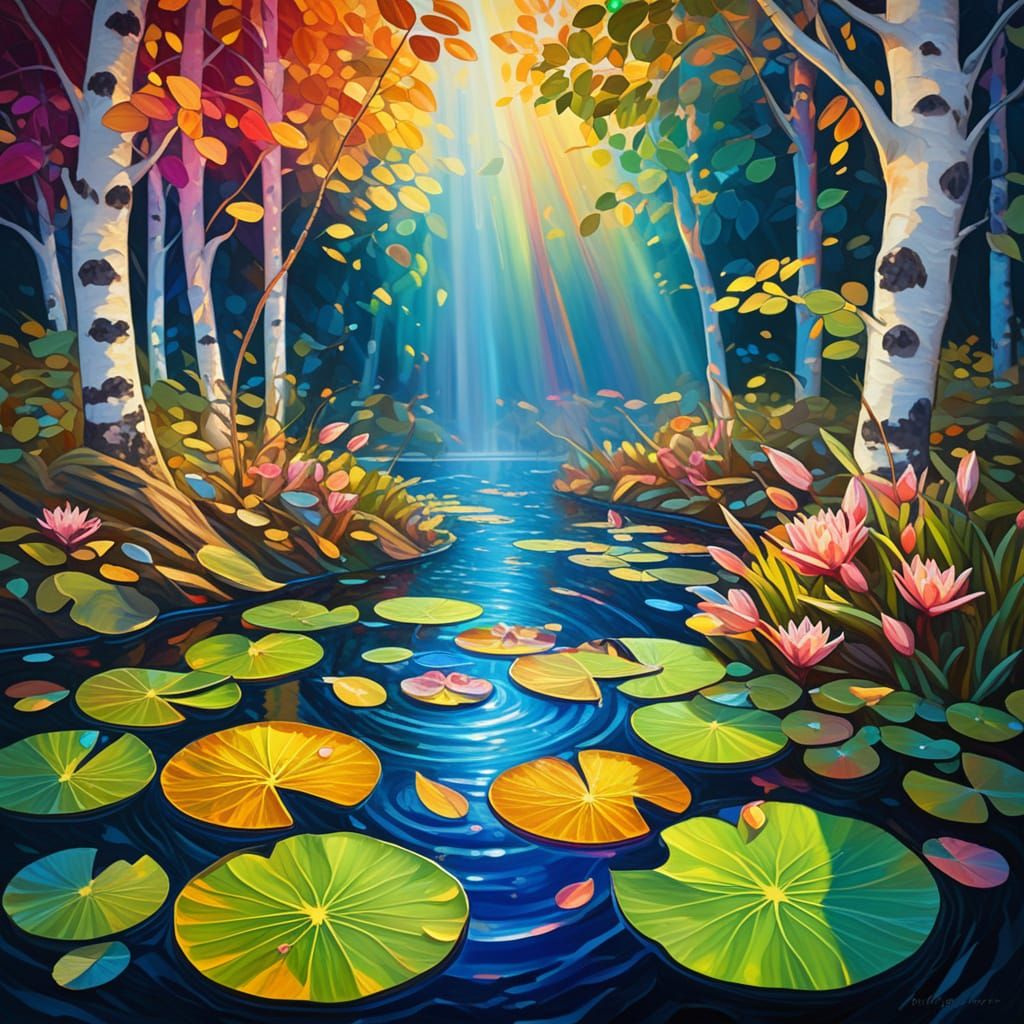 Iridescent lily pads beneath rainbow birch leaves. 8k resolu...