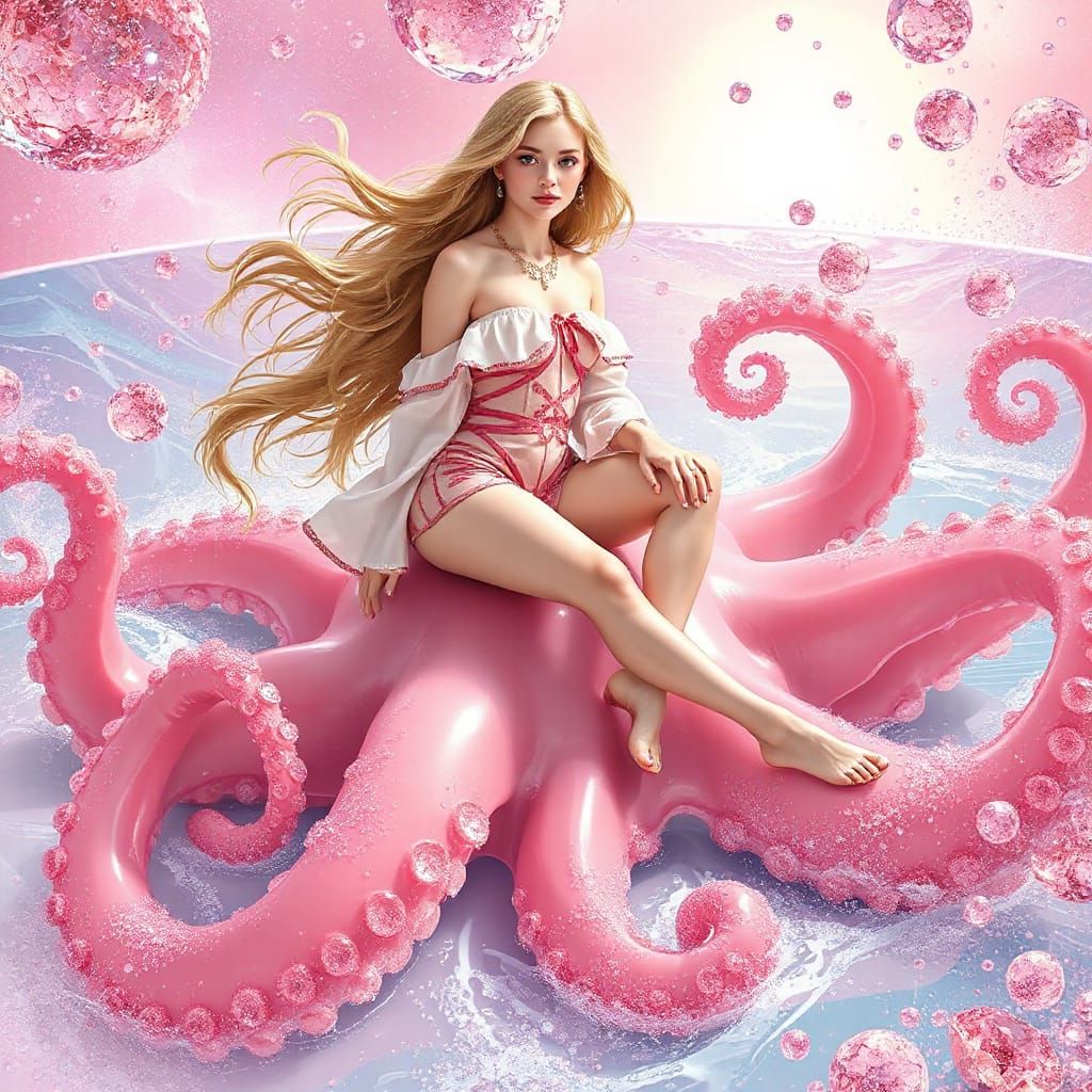 Woman on Gummy Octopus in Surreal Soda Ocean