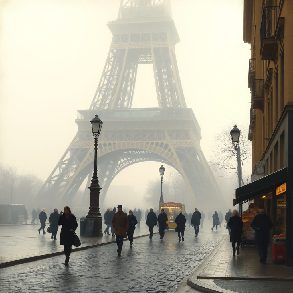 Misty Eiffel Tower Scene in Impressionist Style