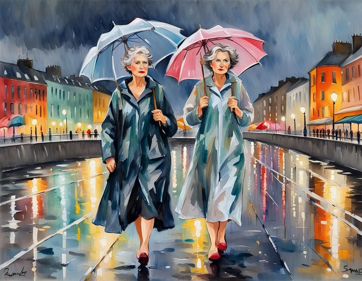 Women in Raincoats Walk Dublin Bridge, Impressionism