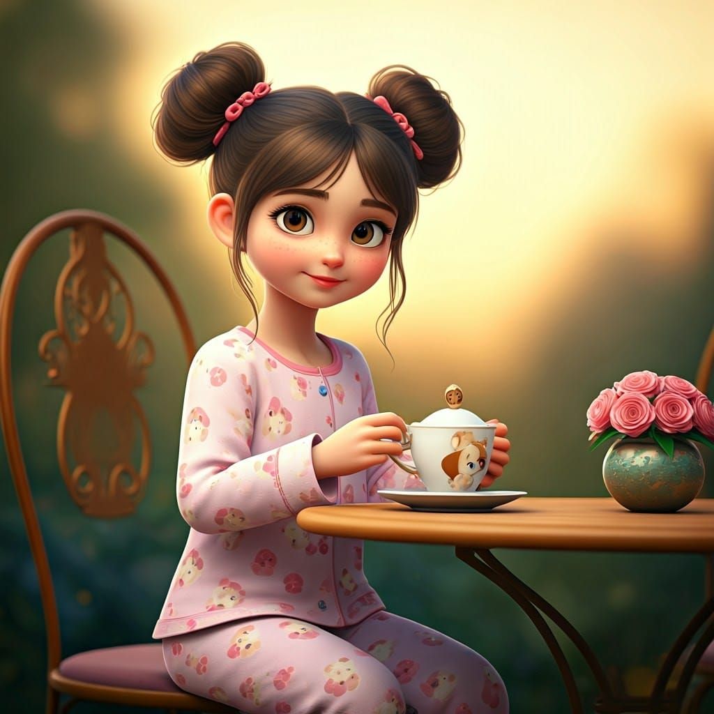 Girl with Puppy Pajamas, Dreamy Digital Art