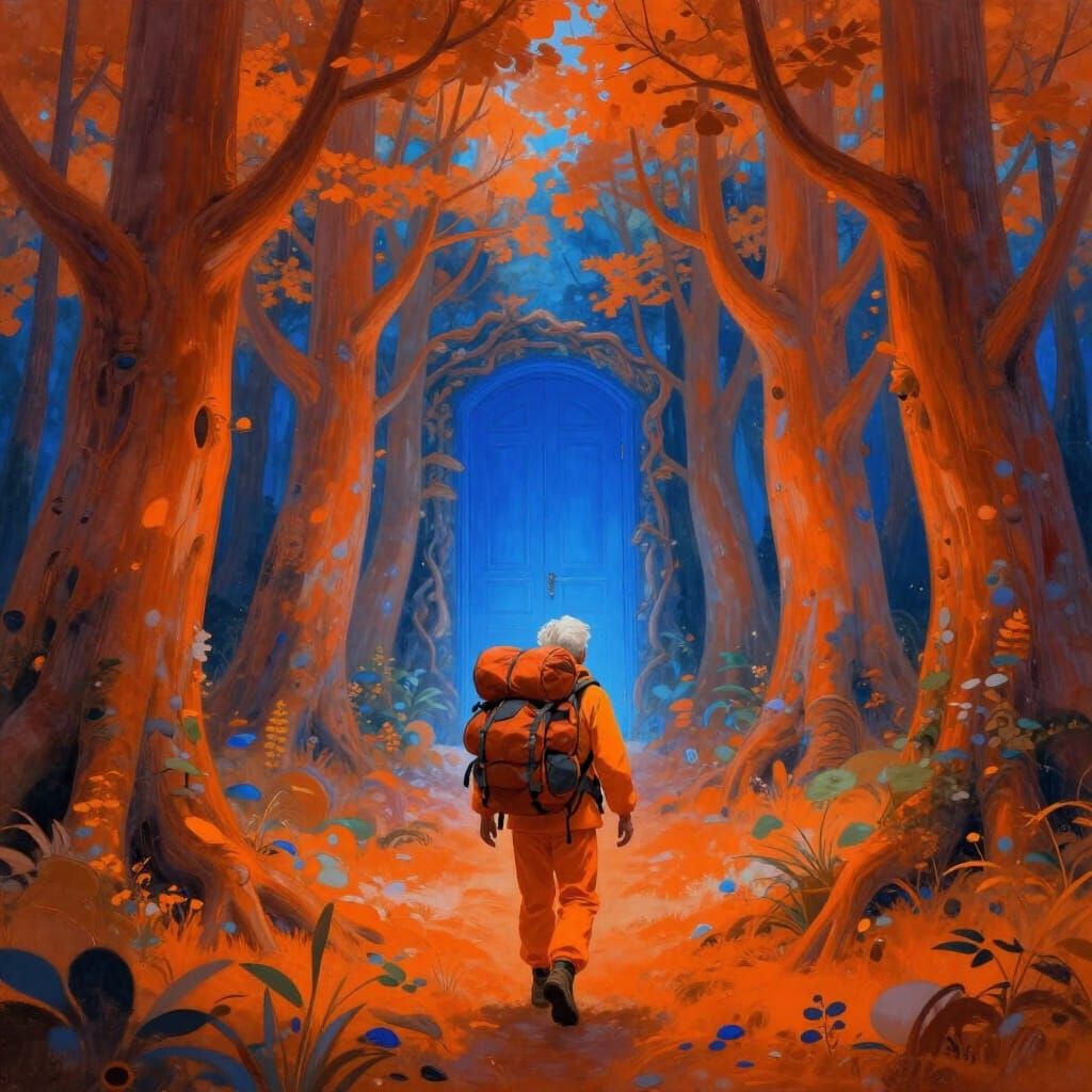 Hiker in Orange Suit Explores Enchanted Forest