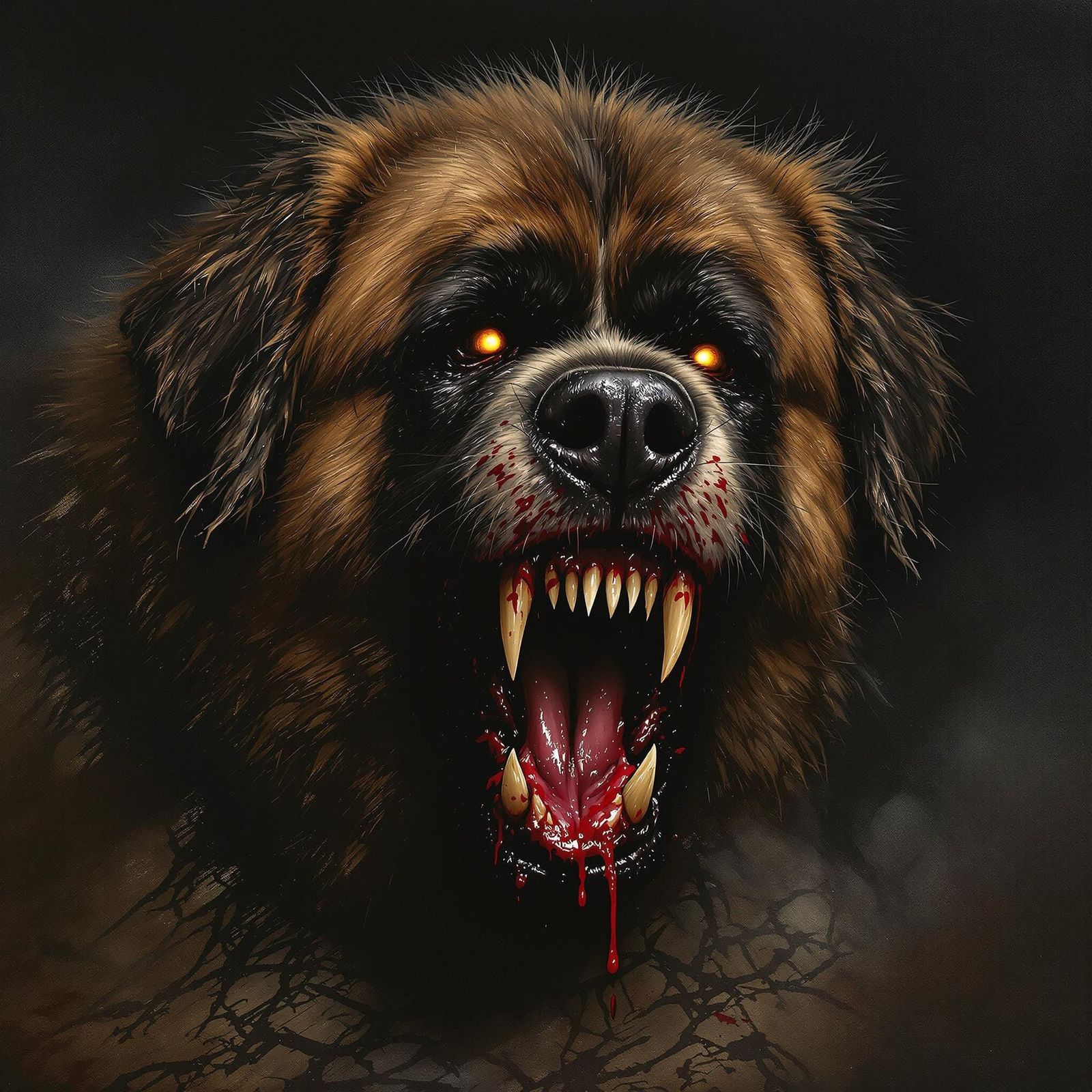 Menacing St. Bernard Dog in Dark, Gritty Landscape